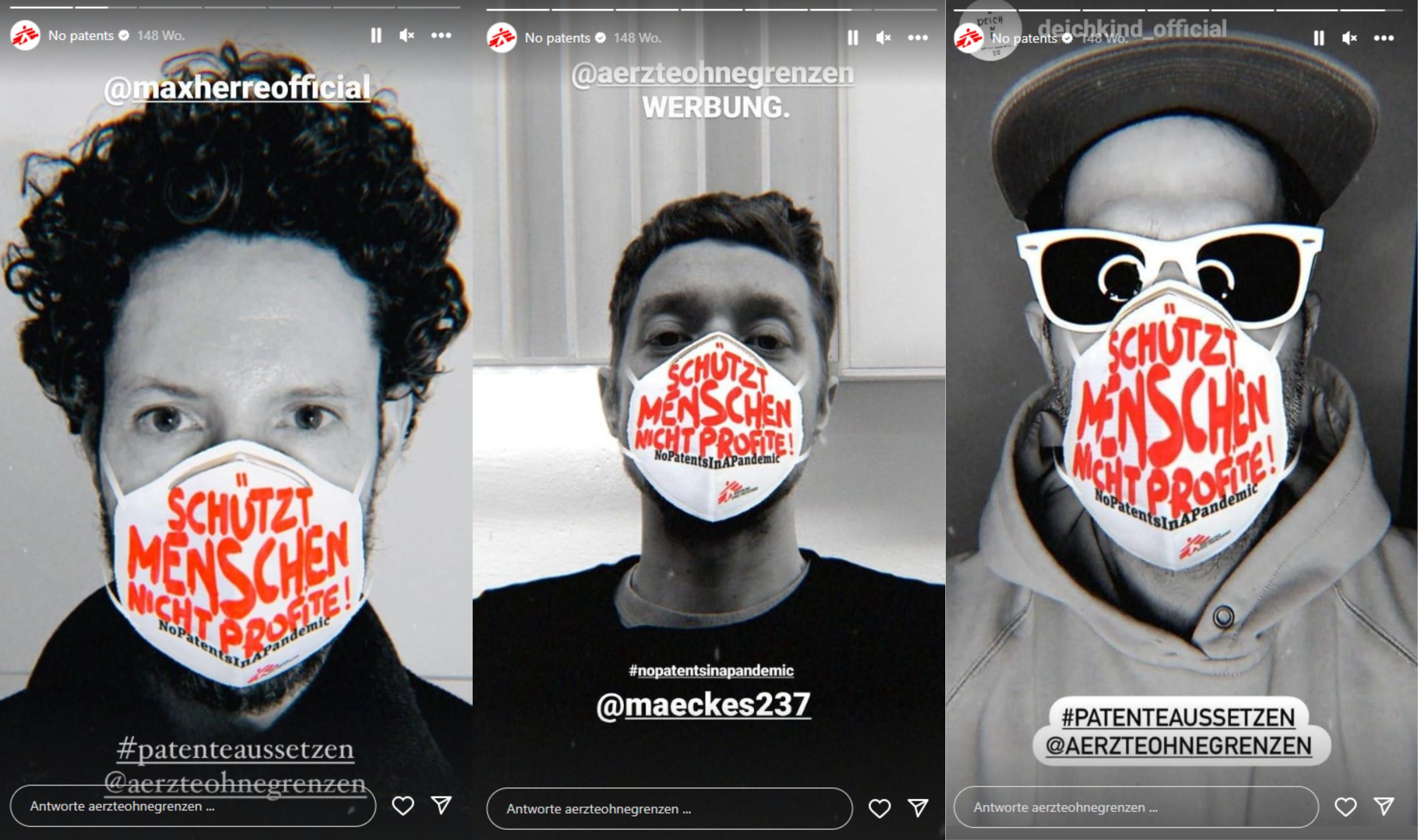 Drei Influencer mit Masken und dem Slogan: Schützt Menschen nicht Profite