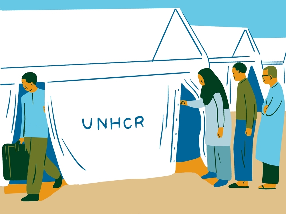 Zeichnung von Menschen, die ein UNHCR Hilfszelt betreten