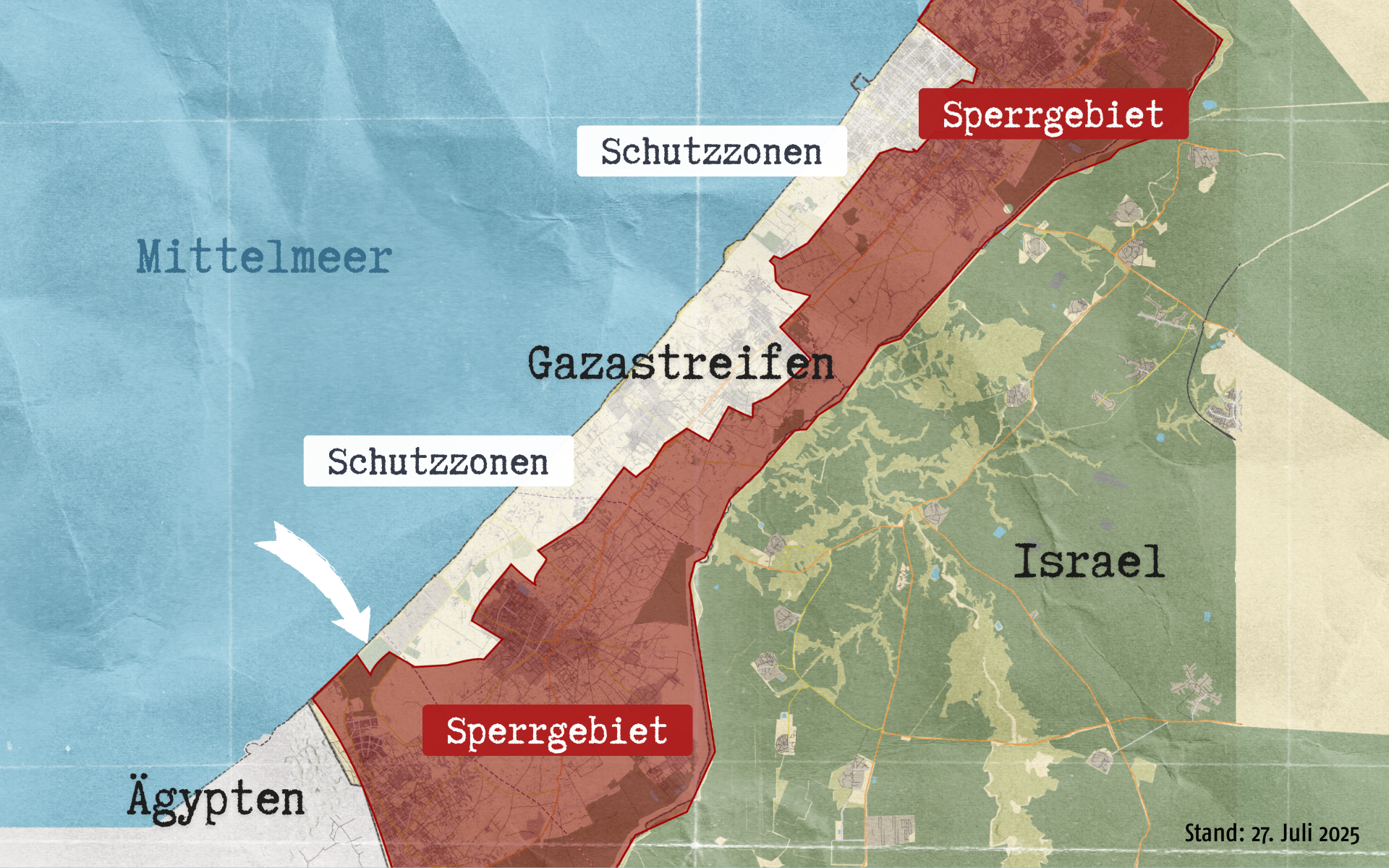 Karte von Gaza. Eingezeichnet sind Schutzzonen, Sperrgebiete und ein Pfeil, der den Standort des Autors zeigt.