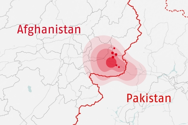 Eine Karte, auf der Afghanistan und Pakistan dargestellt werden.