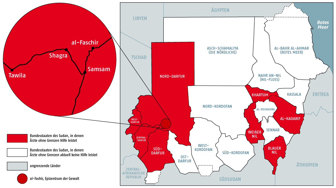 Karte Sudan mit Einsatzgebieten Ärzte ohne Grenzen