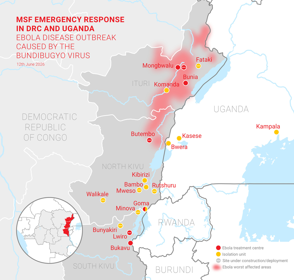 Eine Karte von der DR-Kongo, auf der eingezeichnet ist, wo unsere Einsatzorte hinsichtlich Ebola sind.