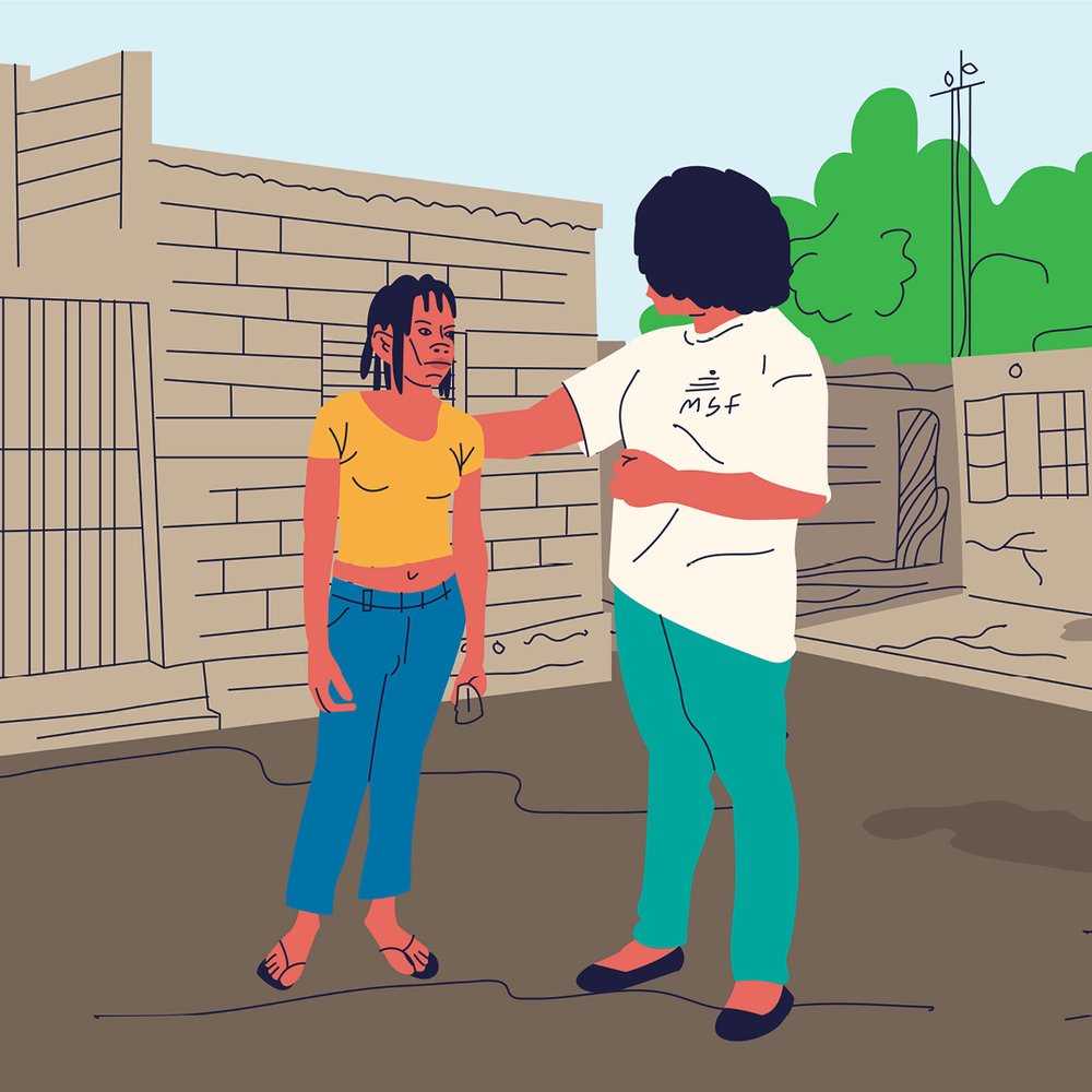 Eine Frau spricht vertraut mit einer Mitarbeiterin von Ärzte ohne Grenzen 