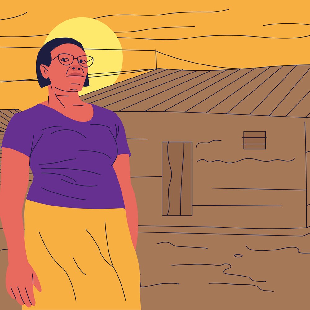 Eine Illustration einer Frau, die vor einer Hütte steht, im Hintergrund die Sonne