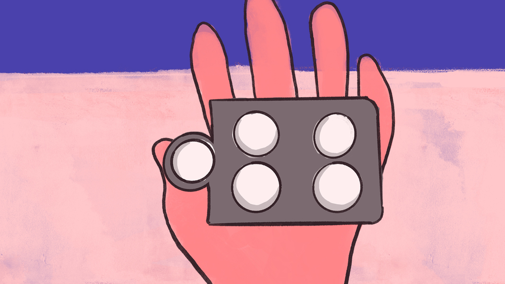 Illustration einer Frau die Medikamente für eine selbstbestimmte Abtreibung in der Hand hält 