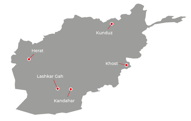  Die Provinzen Herat, Kunduz, Chost, Lashkar Gah und Kandahar in Afghanistan 