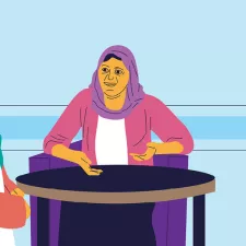 Wir unterstützen Frauen dabei, einen sicheren Schwangerschaftsabbruch zu erhalten. Begleitende Gespräche sind dabei wichtig. Cartoonzeichnung: Patientin im Gespräch Mitarbeiterin