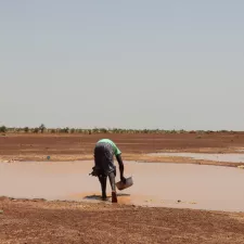 Person schöpft Regenwasser vom Boden