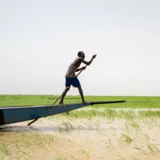 Bootsmann steuert Boot über Fluss Niger