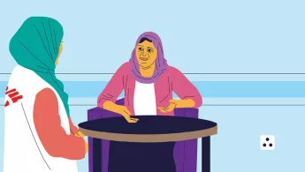 Wir unterstützen Frauen dabei, einen sicheren Schwangerschaftsabbruch zu erhalten. Begleitende Gespräche sind dabei wichtig. Cartoonzeichnung: Patientin im Gespräch Mitarbeiterin