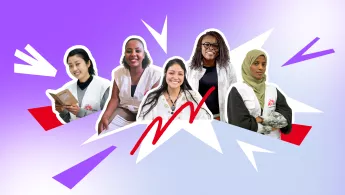 Illustration mit fünf unserer Mitarbeitenden in Einsatzkleidung vor grafischem Hintergrund in Violett und Weiß.