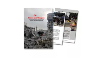 Cover Bericht: Mann in Trümmern Gazas trinkt Wasser aus Leitungsleck