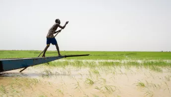 Spenden im Gedenken an Verstorbene setzen ein Zeichen für das Leben. Bootsmann steuert Boot über Fluss Niger