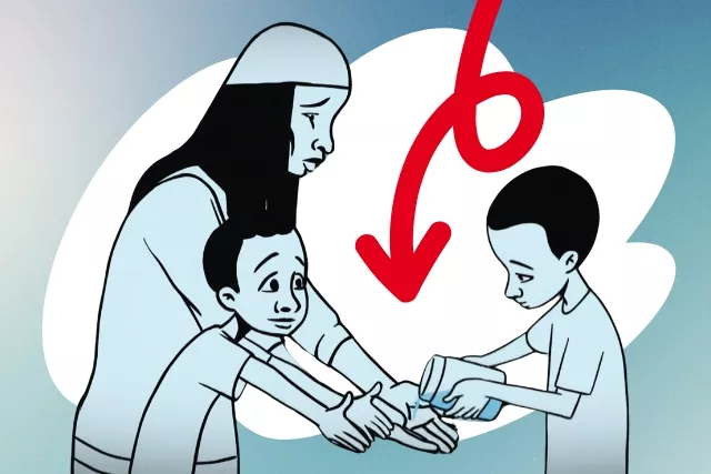 Illustration eines Jungen, der Wasser in die Hände zweier Personen gießt.