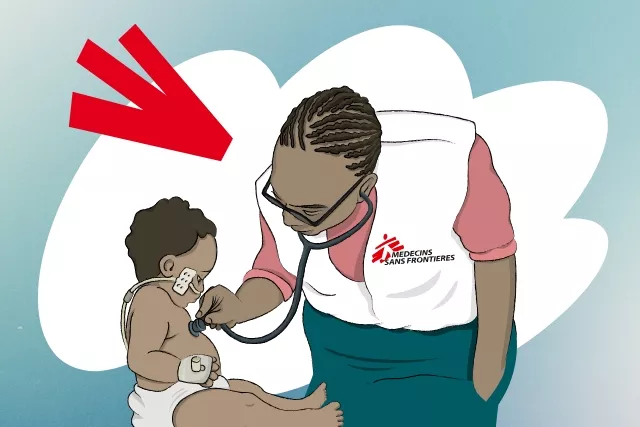 Illustration einer Ärztin, die mit einem Stethoskop ein Kleinkind abhört.