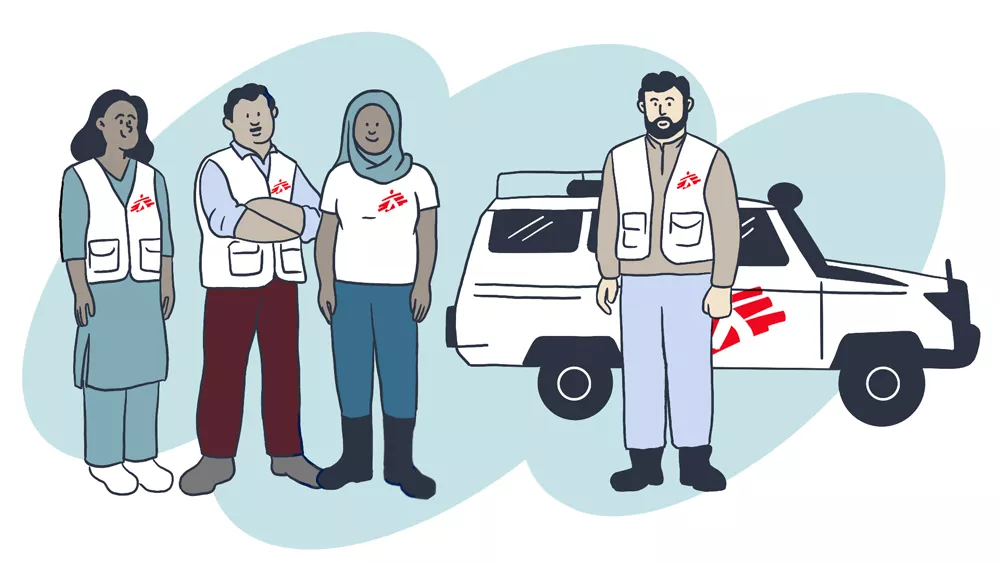 Zwei Männer und zwei Frauen in Kleidung von Ärzte ohne Grenzen, dahinter ein Fahrzeug