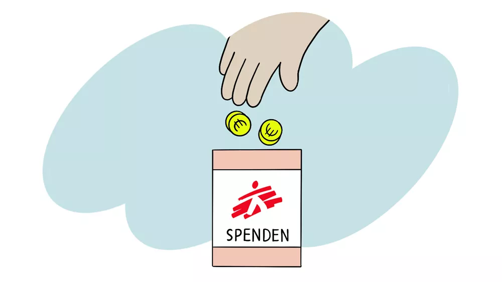 Hand wirft Münzen in Spendenbox von Ärzte ohne Grenzen
