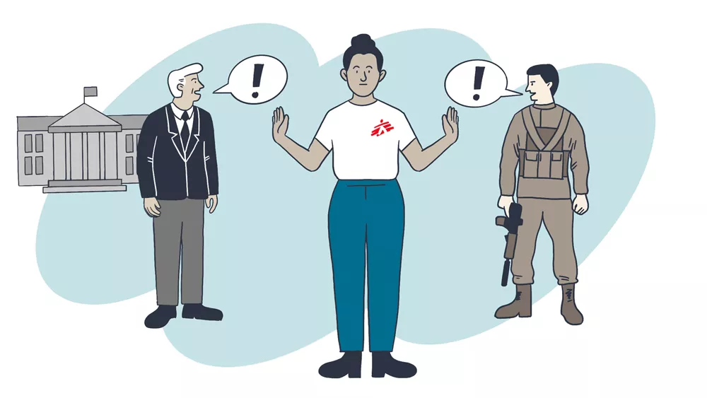 Mitarbeiterin von Ärzte ohne Grenzen steht zwischen Politiker und Soldat