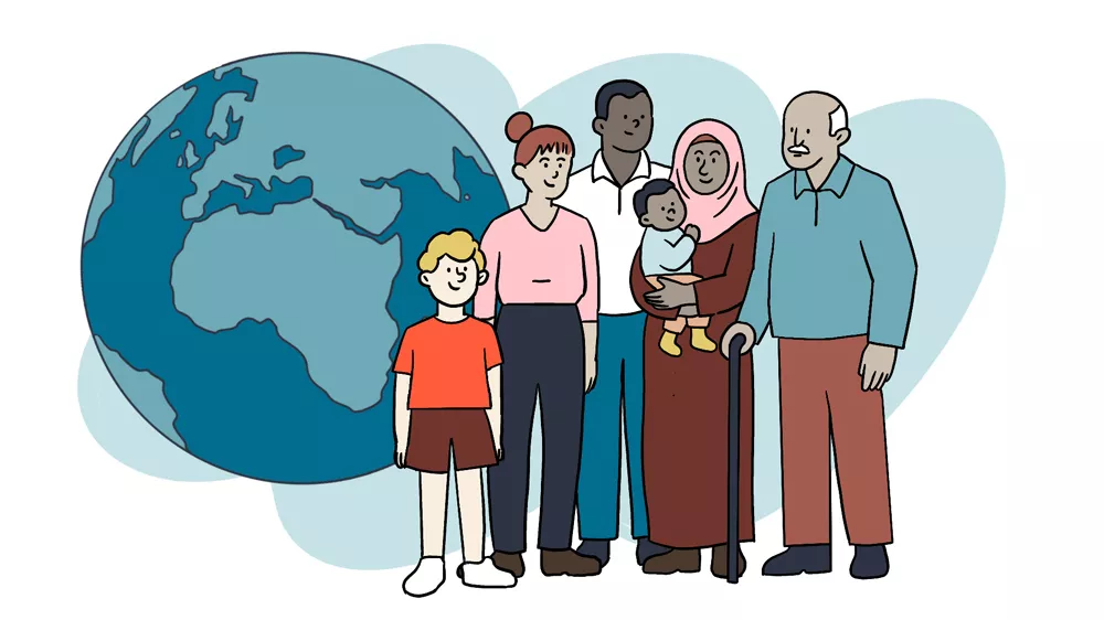 Familie mit Baby, Frau, kleiner Junge und alter Mann neben blauer Weltkugel