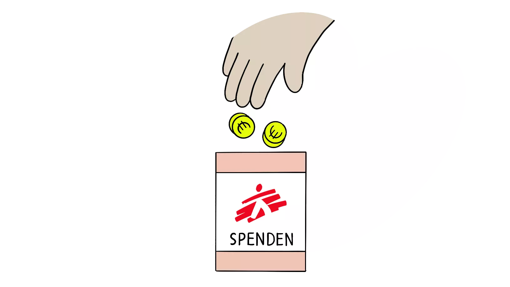 Hand wirft Münzen in Spendenbox von Ärzte ohne Grenzen