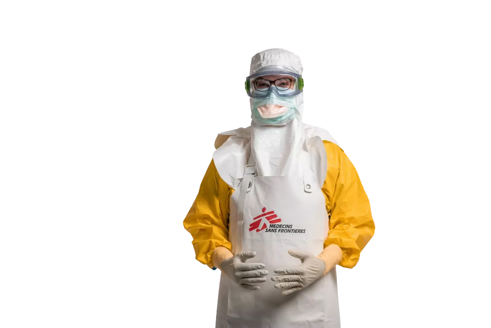 Person in Infektionsschutzanzug