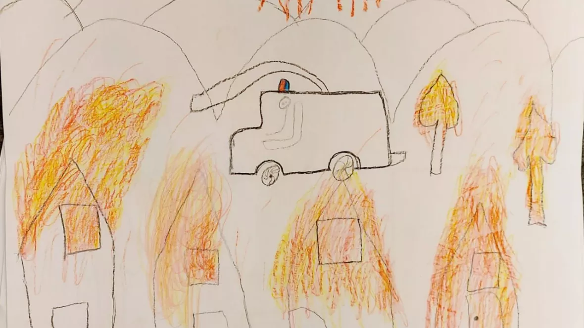 Zeichnung eines Kindes vom Brand im Camp Moria