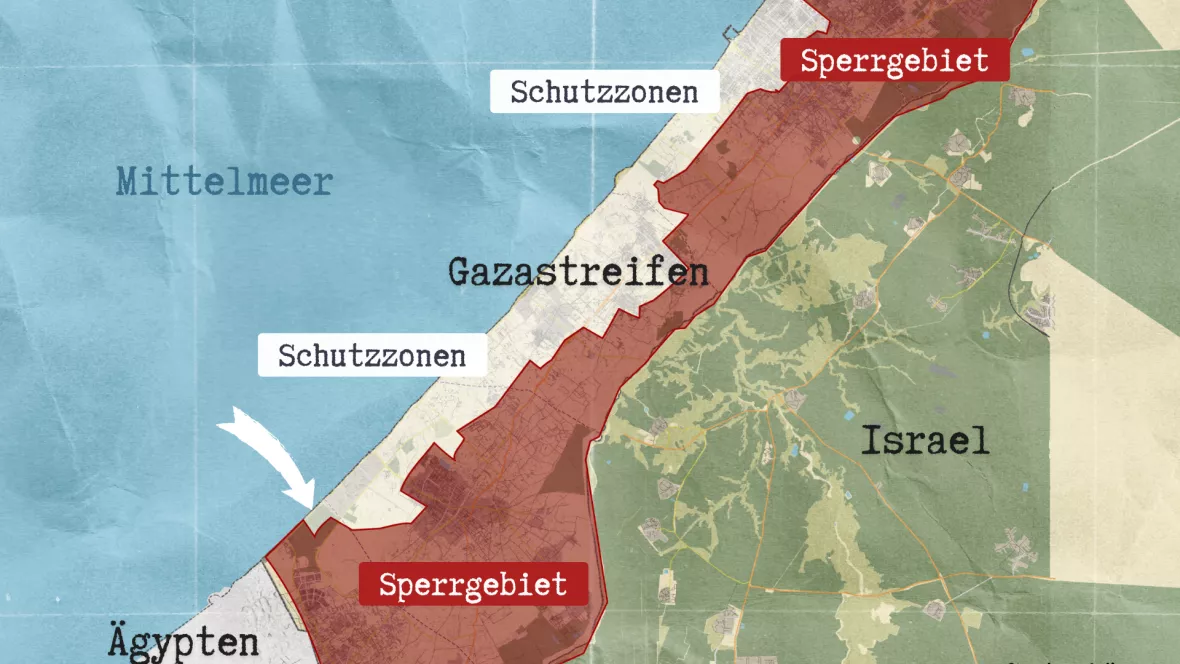 Karte von Gaza. Eingezeichnet sind Schutzzonen, Sperrgebiete und ein Pfeil, der den Standort des Autors zeigt.