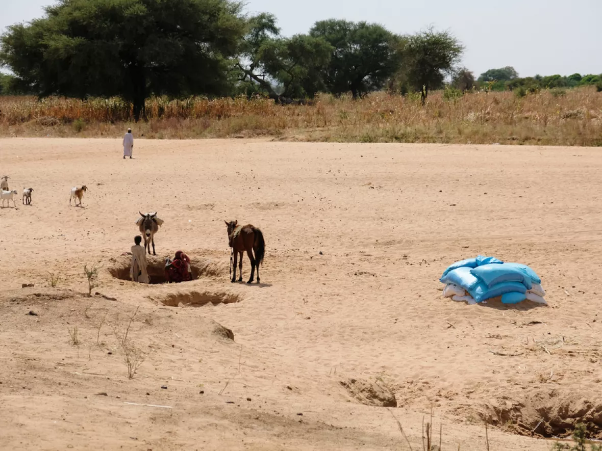 Menschen und zwei Esel stehen bei Loch in Wüste