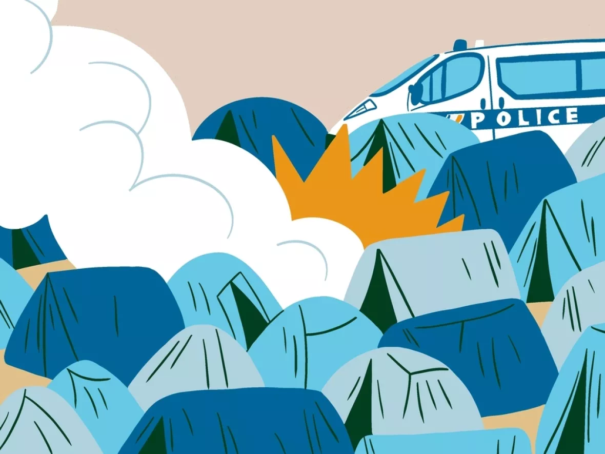 Zeichnung von Polizisten, die ein Zeltcamp zerstören