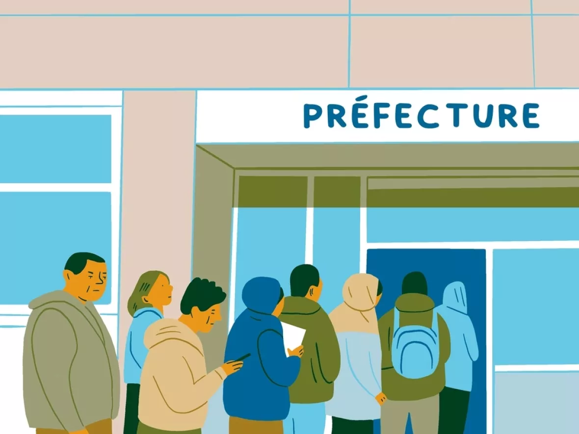 Zeichnung von Geflüchteten, die für ihr Asylverfahren anstehen müssen