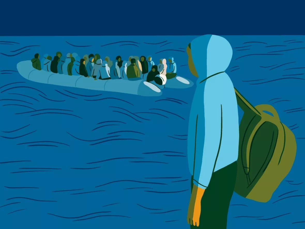 Zeichnung von Geflüchteten in einem Schlauchboot auf dem Mittelmeer