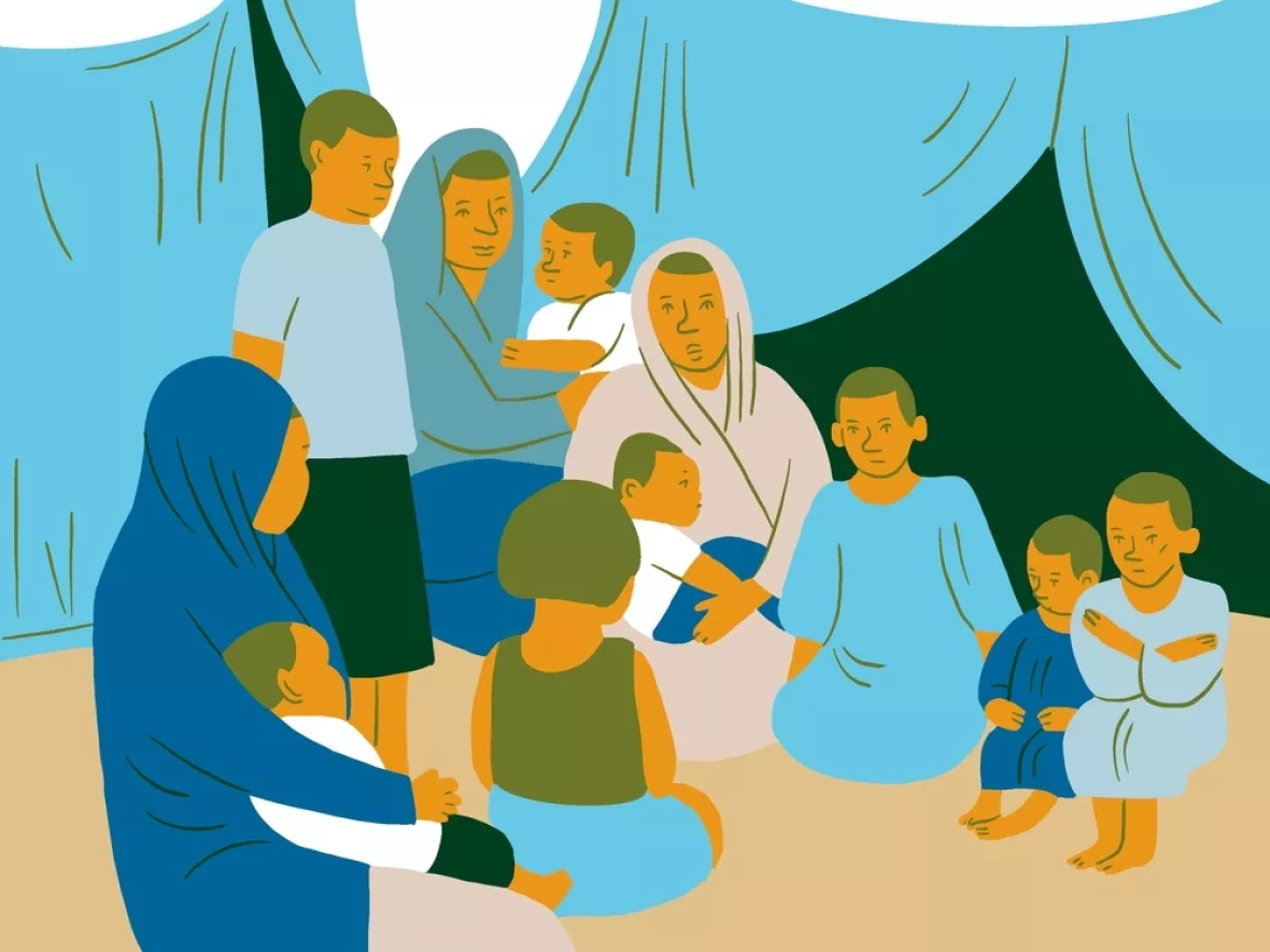 Zeichnung von einer Familie vor einem Zelt