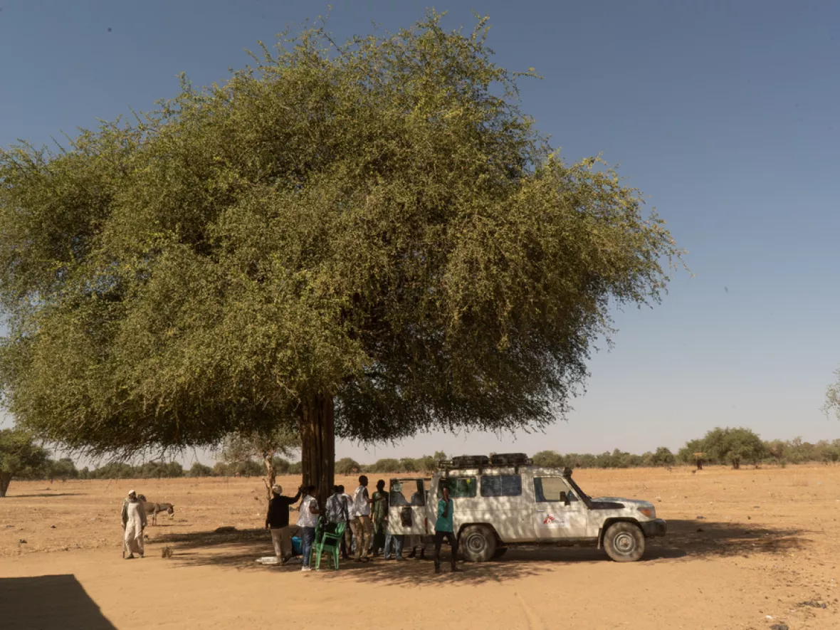 Vorbereitungen für eine mobile Klinik im Schatten eines Baumes.