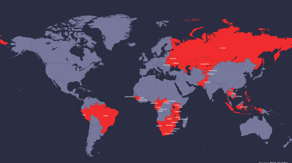 Karte mit Ländern, die besonders von Tuberkulosebetroffen sind