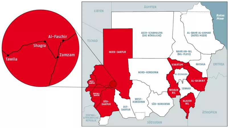 Karte Sudan mit Einsatzgebieten Ärzte ohne Grenzen