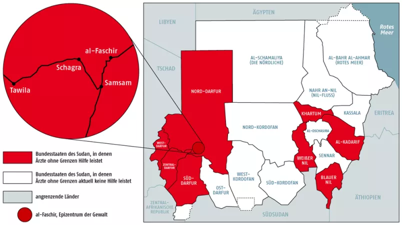 Die Karte von Sudan zeigt die Einsatzgebiete von Ärzte ohne Grenzen in Rot.