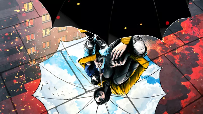 Illustration von Person unter schwarzem Regenschirm, die sich in Boden spiegelt