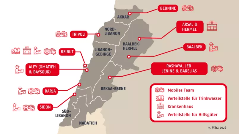 Karte des Libanon mit markierten Einsatzorten von Ärzte ohne Grenzen in mehreren Regionen, die mobile medizinische Teams, Krankenhäuser sowie Wasser‑ und Hilfsgüterverteilungen zeigen.