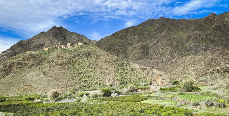 Eine grüne bergige Landschaft im Bergdorf Haydan im Nordjemen