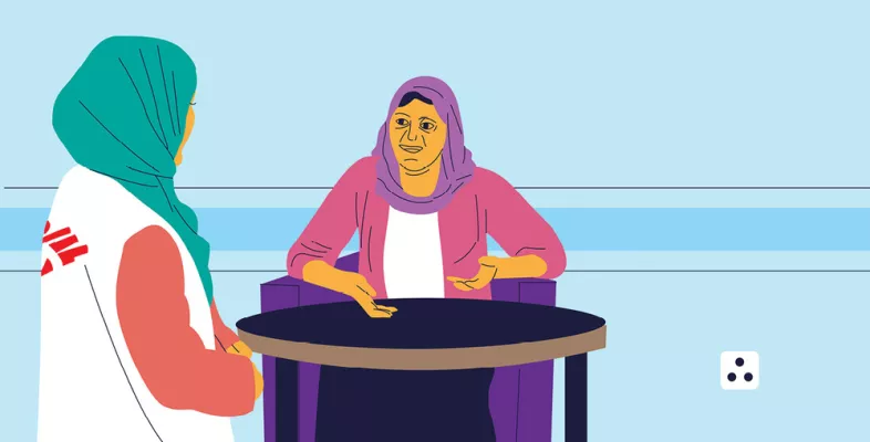 Cartoonzeichnung: Patientin im Gespräch Mitarbeiterin