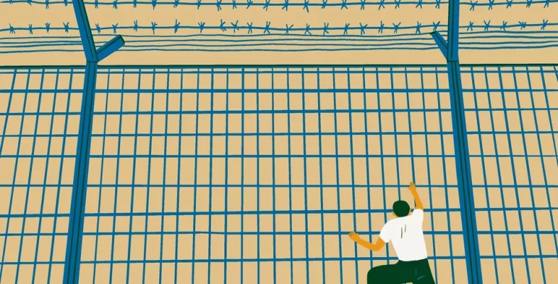 Mensch klettert an einem Stacheldrahtzaun hoch