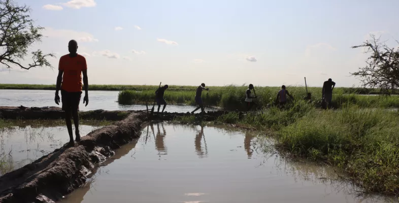 Männer graben einen Deich in einem Dorf bei Old Fangak