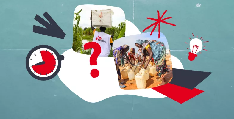 Bildungsangebote Ärzte ohne Grenzen Eine Collage auf der eine Stoppuhr, Glühbirne und ein Fragezeichen abgebildet ist. Sowie Bilder aus Projekten: Frauen beim abfüllen von Wasser in Trinkkanister.