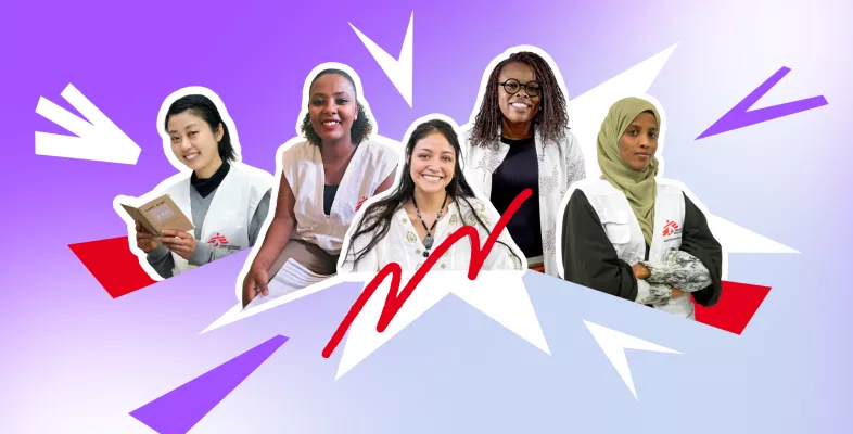 Illustration mit fünf unserer Mitarbeitenden in Einsatzkleidung vor grafischem Hintergrund in Violett und Weiß.