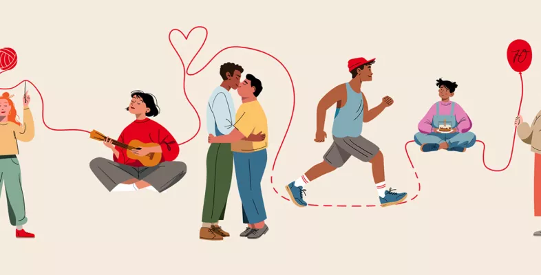 Grafik zeigt verschiedene gezeichnete Figuren in unterschiedlichen Situationen. 