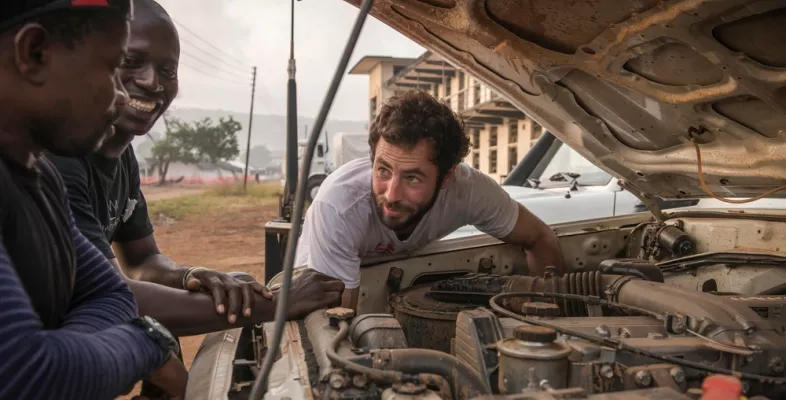 Drei Männer vor einer geöffneten Motorhaube