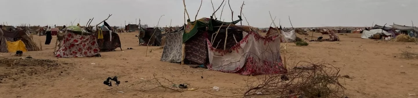 Mit Stöcken befestigte Hütten bilden Geflüchtetencamp