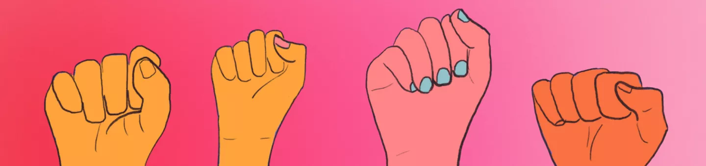 Livetalk: My Body – My Choice Bunte Grafik von erhobenen Fäusten vor pinkem Hintergrund