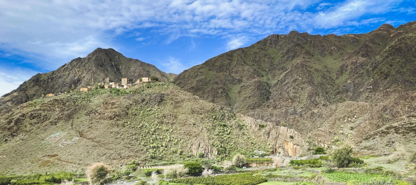 Eine grüne bergige Landschaft im Bergdorf Haydan im Nordjemen
