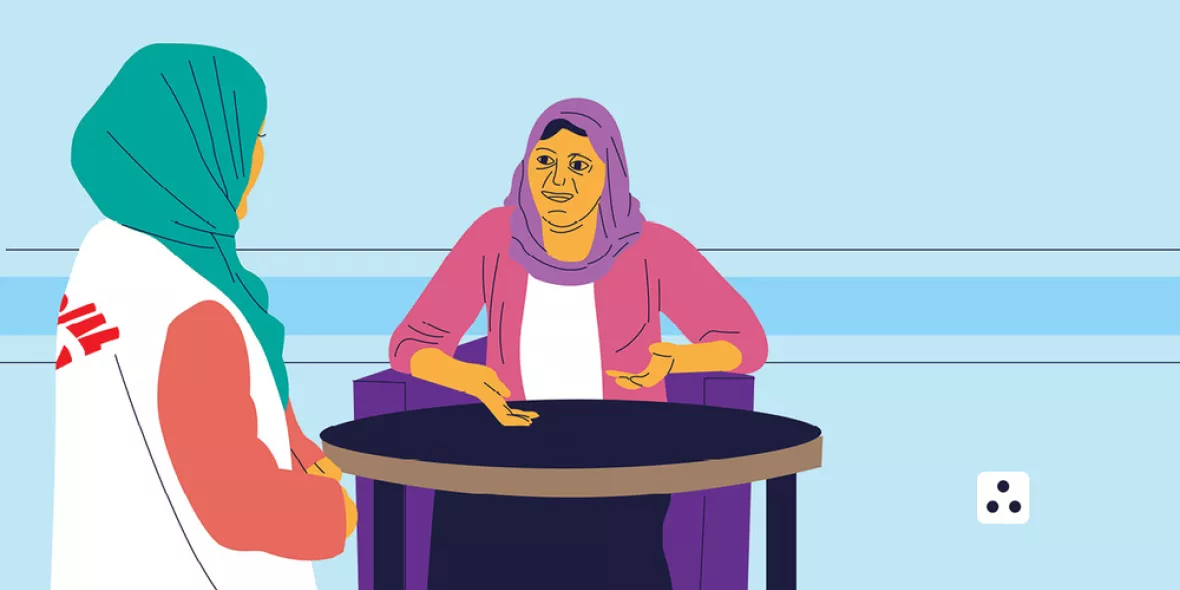 Cartoonzeichnung: Patientin im Gespräch Mitarbeiterin